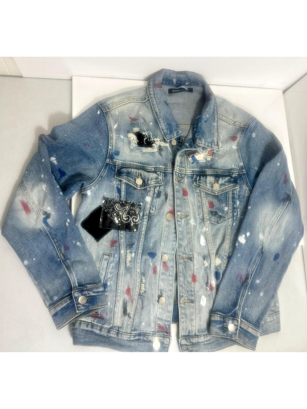 Embellish By Design NYC Unisex Rebel Denim Jacket Blue Patchwork Large Authentic